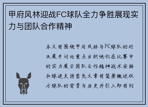 甲府风林迎战FC球队全力争胜展现实力与团队合作精神